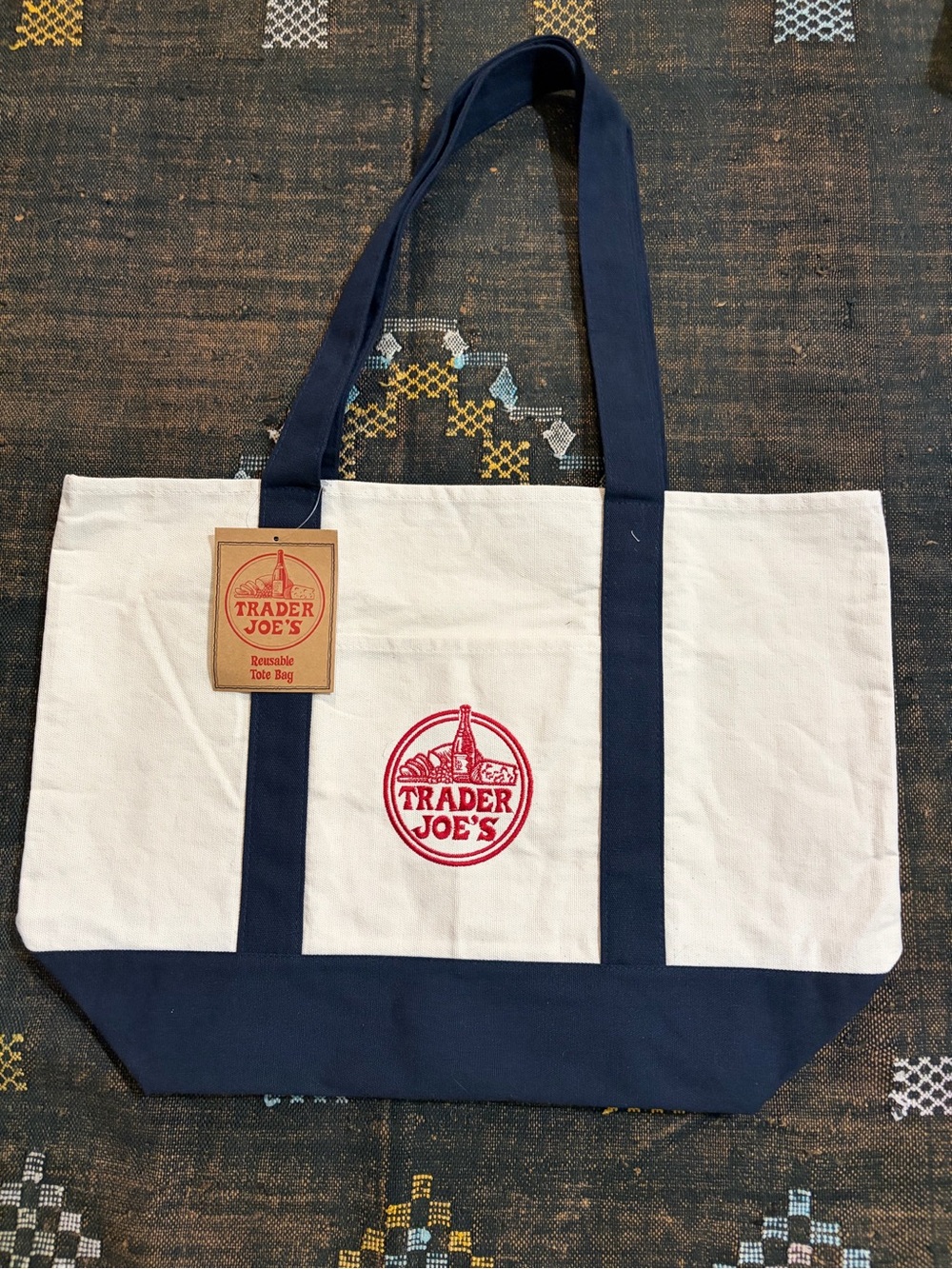 NWT Trader Joe's Navy Reusable Eco Canvas Tote Bag Original Size!